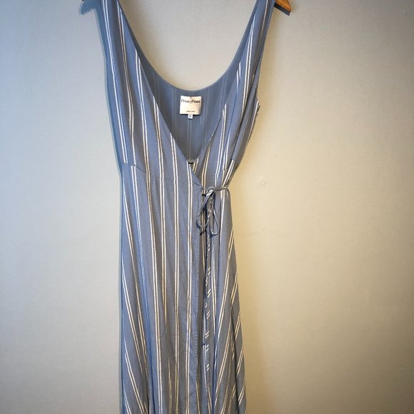 Wilson Dress Pastel Blue Striped Midi Length Wrap Dress Deep V neck - Picture 2 of 11